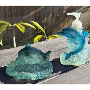 Dolphin Wave Blue Resin Bathroom accessory Soap Dish Holder Coastal Lotion Pump